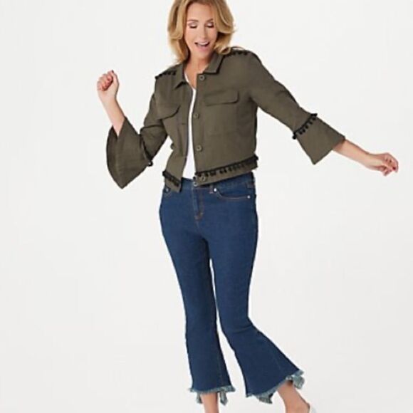Du Jour Fashions Cropped Twill Olive Bell Sleeve Button Up Jacket w Pom Pom Trim - Picture 6 of 8